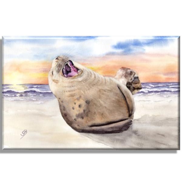 Leinwand Keilrahmen Canvas-Leinen  Aquarell Maritim Kunst Druck Kunstdruck lachender Seehund Robbe Heuler Kegelrobbe Dänemark Nordsee Ostsee